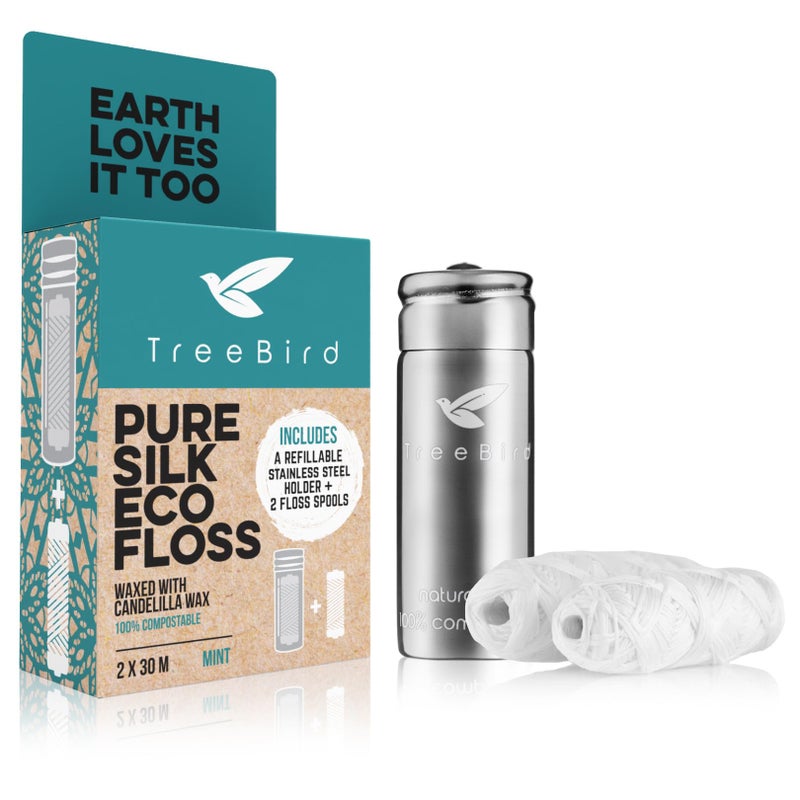 TreeBird Pure Silk Eco Floss Kit Refillable Floss Dispenser Stainless Steel 233 yd Peace Silk Refills Mint Waxed PlasticFree LowWaste Oral Care Paper Packaging